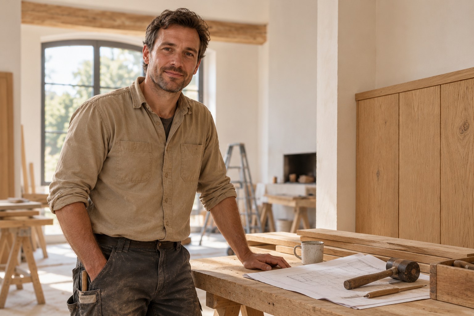 AI-portret van de zaakvoerder Thomas in een lichte renovatieruimte, naast een houten werkbank.