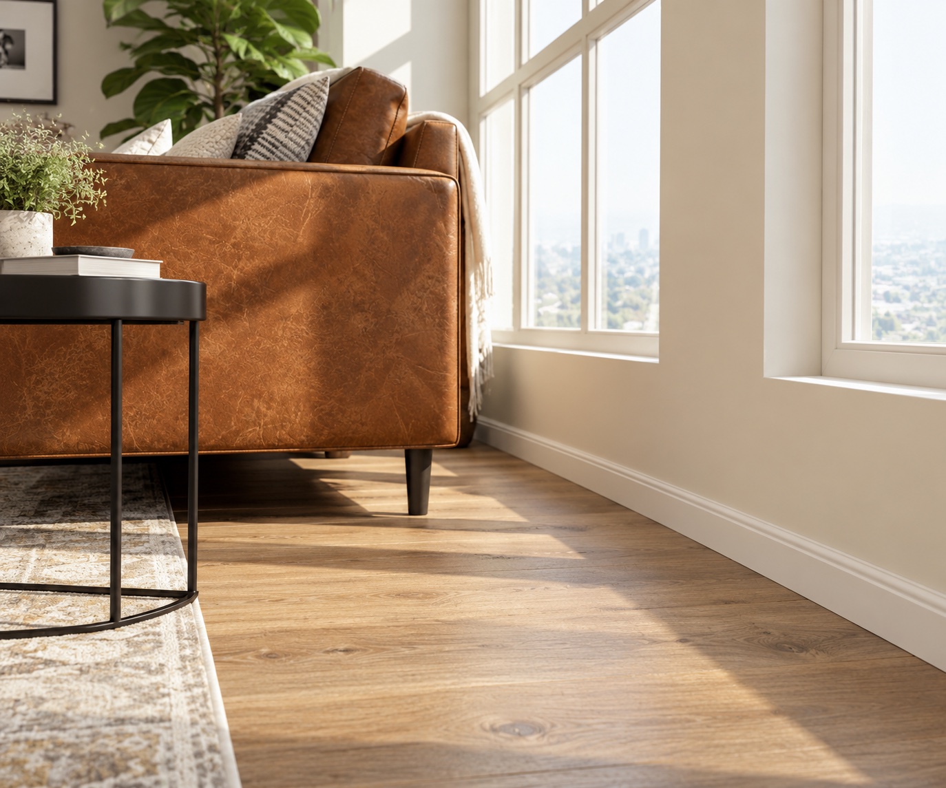 AI-illustratie van de aansluiting van een houten vloer en witte plint naast de cognackleurige sofa uit het sfeerbeeld.