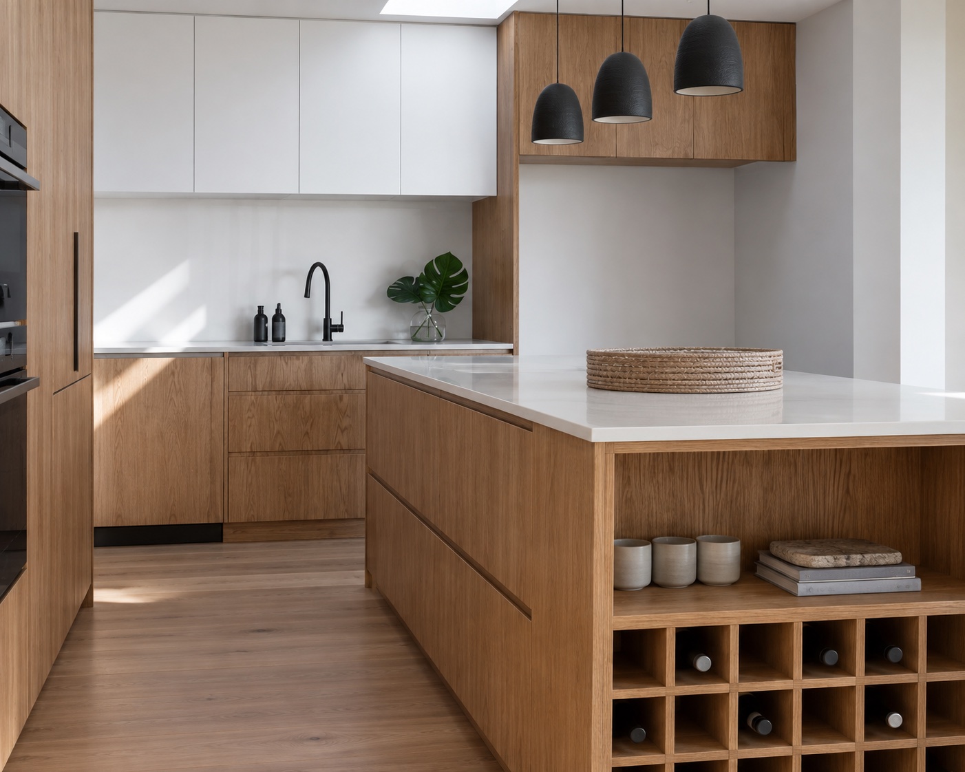 AI-illustratie van dezelfde houten keuken met wit werkblad, zwarte kraan en drie zwarte hanglampen, van dichterbij.