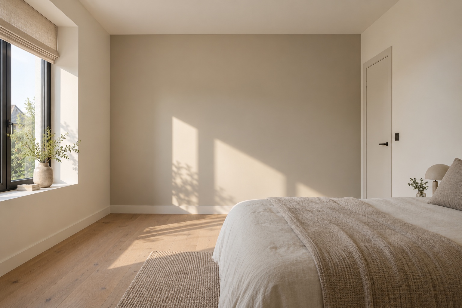 AI-demobeeld van een afgewerkte slaapkamer met strak geschilderde gebroken witte en greige wanden en scherpe plafond- en wandaansluitingen.